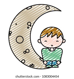 doodle boy with casual clothes seating in the moon