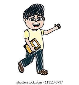 doodle boy child with clothes and book in the hand