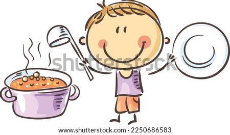 Doodle boy cook preparing vegeterian soup, isolated on white, cartoon clipart, vector illustration