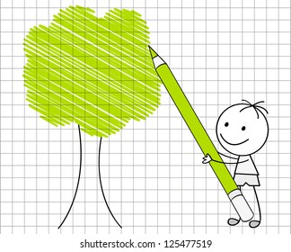 Doodle boy drawing green tree