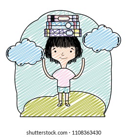 doodle boy with education books in the head and landscape