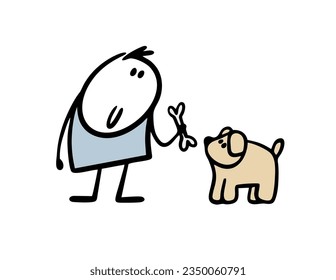 Doodle boy feeds the dog. Vector illustration of a kind stickman giving a bone to a pet, cartoon puppy. Funny person isolated on white background.