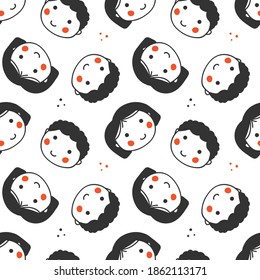 Doodle boy and girl faces vector seamless pattern background.