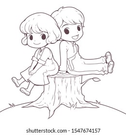 Doodle boy and girl sitting on stump vector illustration, Cute character cartoon on white background, For coloring book for kids and decorated various illustrations.