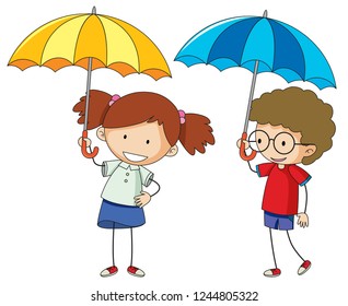 Doodle Boy Girl Umbrella Illustration Stock Vector (Royalty Free ...