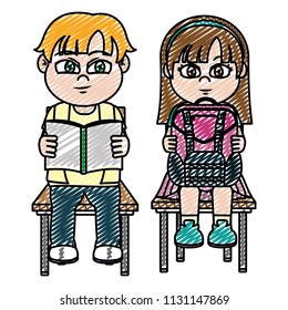 doodle boy and gril sitting chair with utensils