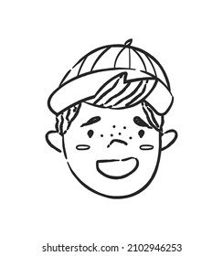 Doodle boy in hat. Adorable baby, social media stickers and baby badges. Cartoon characters, simple pictures, line art and outline. Cartoon flat vector illustration isolated on white background