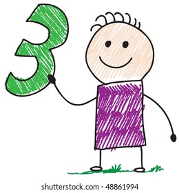 Doodle boy holding number three