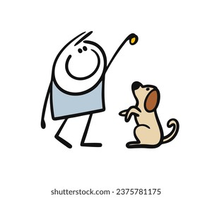 Doodle boy holds a treat high, trains the dog. Vector illustration of a funny stickman and circus act with animals. Caricature person isolated on white background.