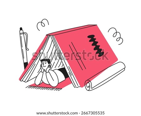 Doodle boy lies in a book in the form of a tent, a hut. Relax. Reading, education. Color. Vector illustration