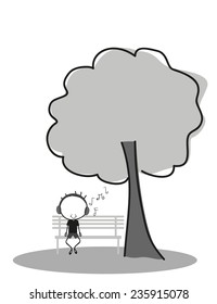 Doodle Boy listen to music while sitting on a park bench under a tree