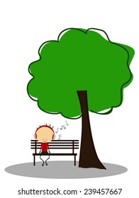 Doodle Boy listen to music while sitting on a park bench under a tree - Full Color
