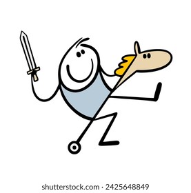 Doodle boy rides a toy horse. Vector illustration of a child playing, swinging a sword, attacking an opponent.  Cartoon fun battle game. Isolated stickman character on white background.