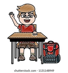 doodle boy sitting school desk with backpack