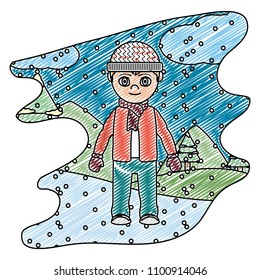 doodle boy with winter clothes and snowing weather