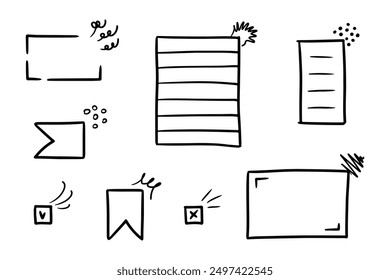 Doodle brackets for quotation with sparkle ray elements. Hand drawn square line frame for title headline illustration. Speech bubble blob for dialog