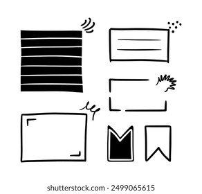 Doodle brackets for quotation with sparkle ray elements. Hand drawn square line frame for title headline illustration. Speech bubble blob for notes