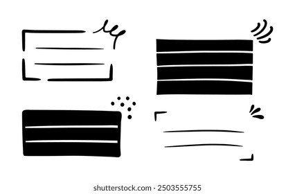 Doodle brackets for quotation with sparkle ray elements. Hand drawn square line frame for title headline illustration. Speech bubble blob for notes