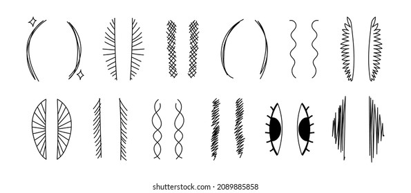 Doodle brackets. Various sketching brackets. Hand drawn scribble parenthesis. Vector illustration of wavy, crossed out, hatched brackets isolated on white background.