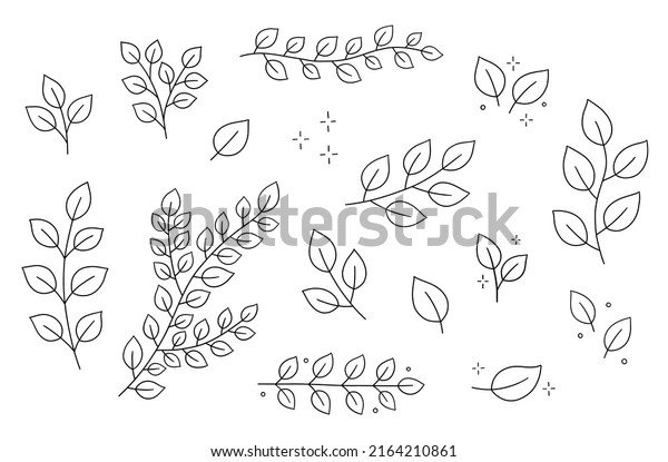 Doodle branch\
with leaves. Plant illustration of tree. Minimal line hand drawn\
design element. Black and white\
color