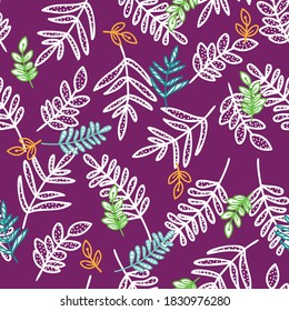 Doodle branch with leaves seamless pattern of hand drawn purple background design