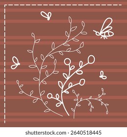 Doodle branches and insects are isolated on a dark brown background. Imitation of a wooden covering