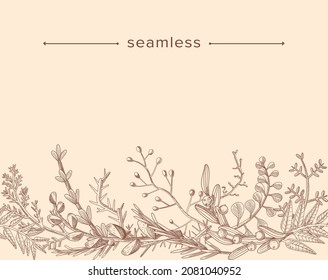 Doodle Branches with Leaves and Berries, Monochrome Floral Design Elements, Sketch Plants on Pink Background. Engraved Graphic Pattern, Frame or Border. Vector Line Art Illustration