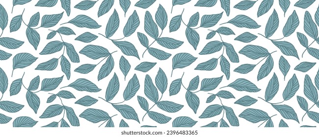 Doodle branches with leaves seamless pattern in green shades. Abstract botanical decorative seamless pattern. Simple childish doodles of tropical leaves. Elegant organic ornament.