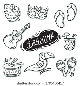 Doodle Brazilian Carnival vector set elements. simple and trendy hand drawn style