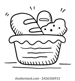 Doodle bread in basket. Food icon in vector illustration