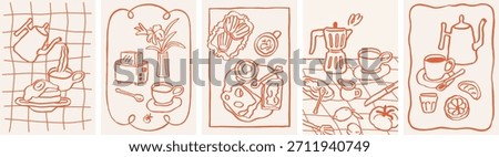 Doodle breakfast card designs set. Dolce Vita kitchen posters with hand-drawn coffee, moka pot, morning food, snack on table, coquette frames. Sketch scribble drawings. Handdrawn vector illustrations