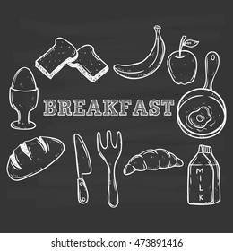 doodle breakfast food using doodle art on chalkboard background