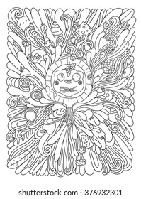 Doodle Breakfast illustration. Pan with fried eggs and bacon.