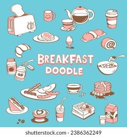 Doodle breakfast menu. Hand drawing vector illustrator of breakfast items.