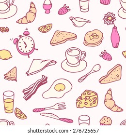 Doodle breakfast seamless pattern. Cartoon food vector background