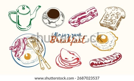 Doodle breakfast vector set, Vintage hand drawn art, Whimsical drawing of food and drink items, brunch element for menu and dinner brunch invitations