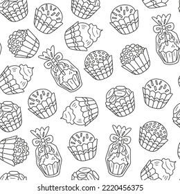 Doodle Brigadeiro seamless pattern. Hand drawn endless background with falling various Brazilian desserts in cupcake liner black outline on white for sweet shop design