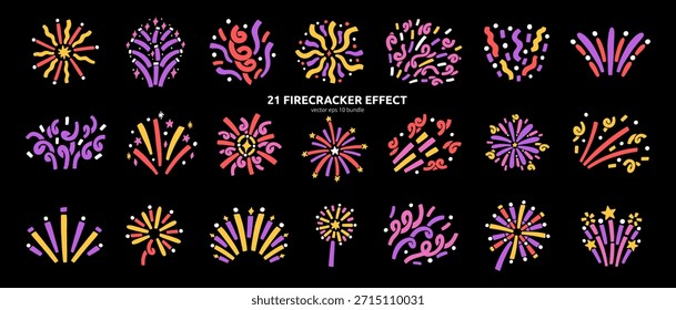 Doodle Bright Confetti Firecracker Kit. Dibujado a mano Celebrar el Paquete del elemento de fuegos artificiales en fondo negro. Ilustración vectorial de línea