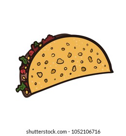 Doodle bright outline mexican tacos symbol. Cartoon flat black linear colorful taco sign for fast food restaurant or cafe menu, advertisement, banners, stickers