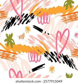 Doodle bright seamless pattern vector illustration. Abstraction of grunge textures and swirls in graffiti style. Childish background of handwritten scribbles and symbols with marker. Ink art