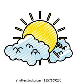 doodle bright sun weather and fluffy clouds