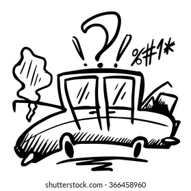 Doodle broken car. The driver did not know what to do in this situation and very swears. Hand drawn vector illustration.