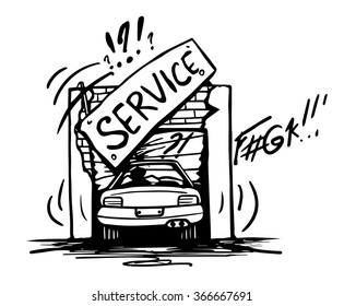 Doodle broken car service. Hand drawn black and white vector illustration.