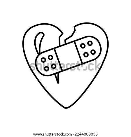 Doodle broken heart from 3D realistic icon and symbols in red with a wound, stitches and bandages highlighted.