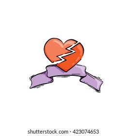 Doodle broken heart cartoon. Illustration for tattoo or icon. Vector.