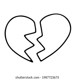 Doodle broken heart. Hand-drawn outline love symbol isolated on white background. Cute greeting card Heart. February 14, wedding, feeling, medicine, Valentines Day, divorce sign. Vector illustration
