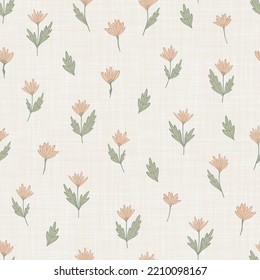 Doodle brown flowers and leaves. Hand drawn plants like chrysanthemum. Seamless pattern. Texture of linen fibers. Vector background for cards, wrapping or wallpaper.
