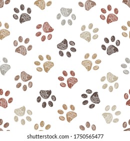 Doodle brown paw print seamless fabric design repeated pattern background