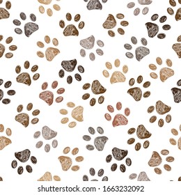 Doodle brown paw prints seamless vector pattern for fabric design