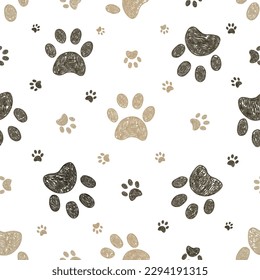 Doodle brown paw prints seamless fabric design pattern